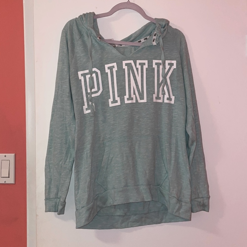 PINK Victoria's Secret Seafoam Green Hooded Sweatshirt with White Logo